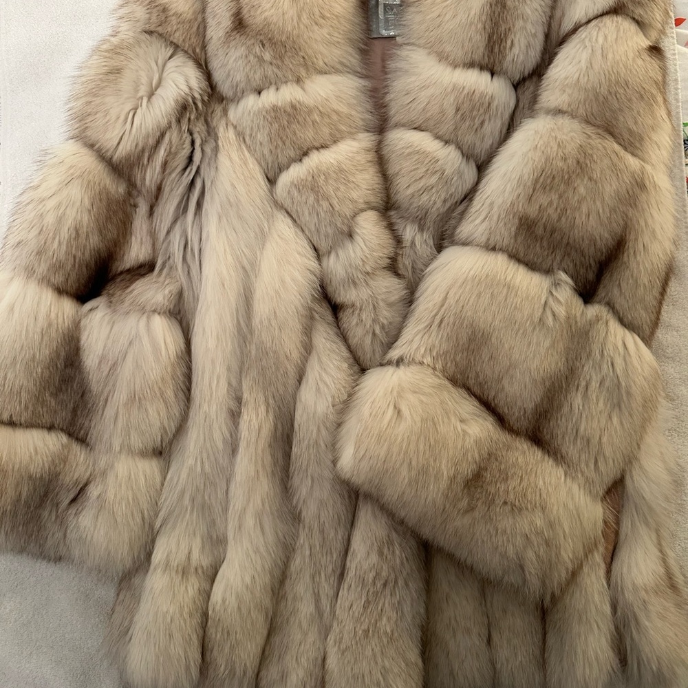 Beautiful gray, cream fox coat